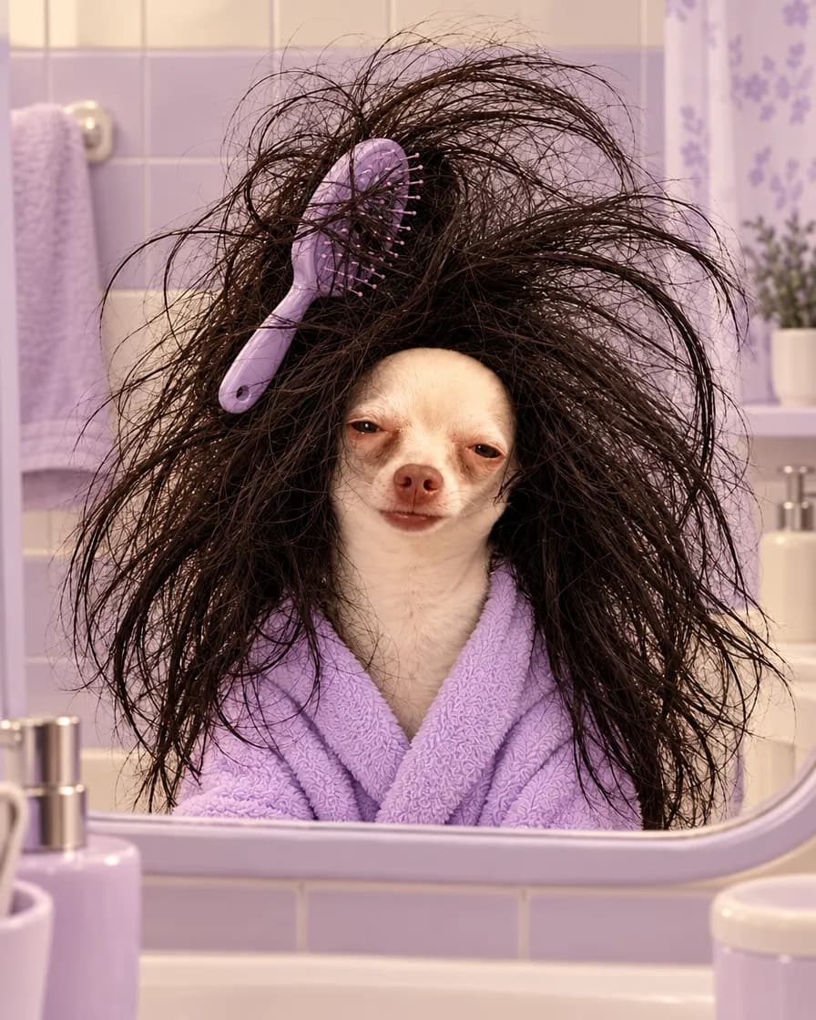 A lavender hairbrush stuck in Sleego's wild black hair