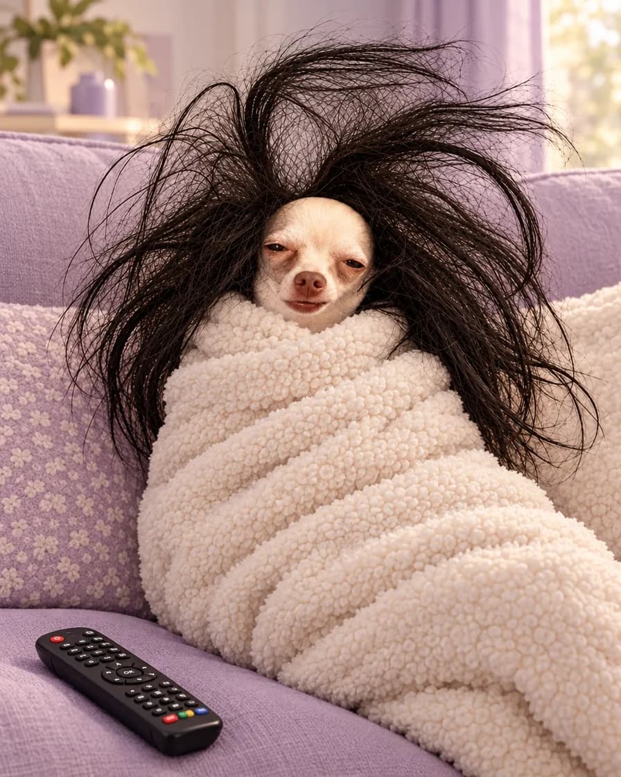 Sleego rolled up in a cream blanket on a lavender sofa
