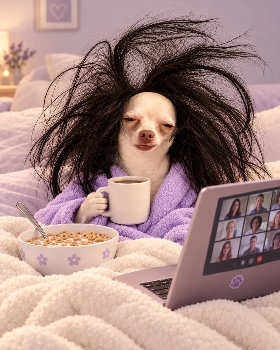 Sleego in bed with coffee, cereal and a laptop video call
