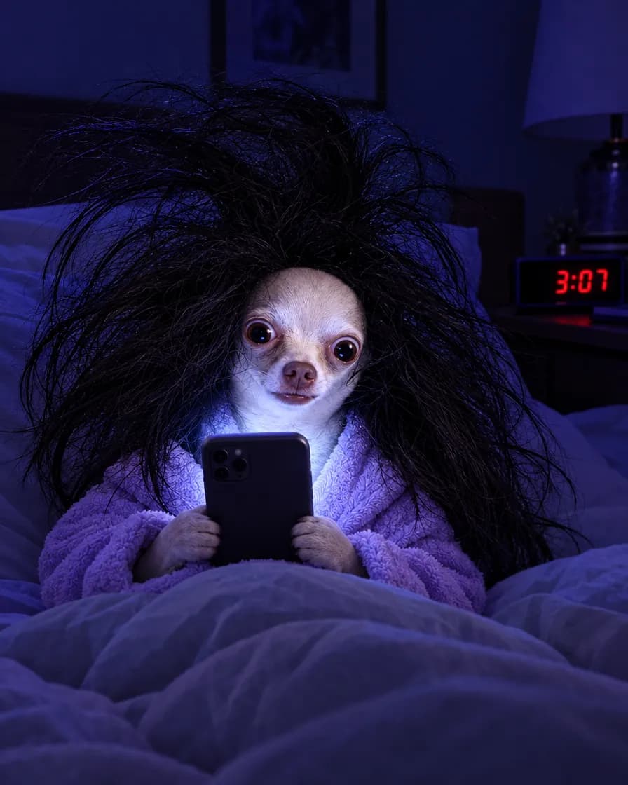Sleego wide awake at night with a phone