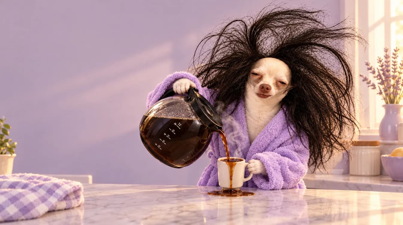 Sleego pouring a whole pot of coffee into a tiny mug that overflows onto the counter